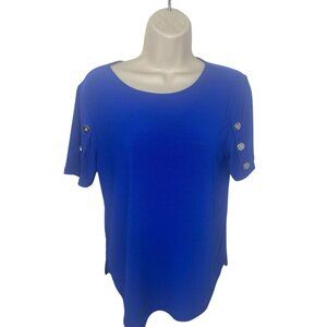 LOVE SCARLETT Women's Petite Medium Bright Blue Button Detail Sleeve Blouse